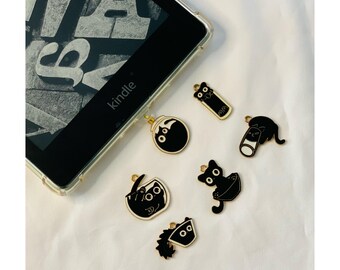 USB-C Black Cat Cups Kindle Charms/Black Cat Kindle Charms/Bookish Cat Kindle Charms/Kindle Charms/Enamel Kindle Charms/Zipper Charm