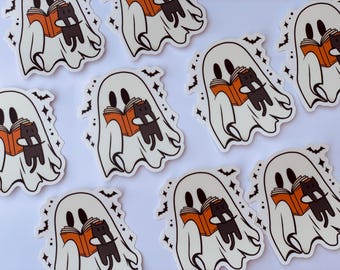 Vinyl Ghost Reading Sticker/Ghost Sticker/Ghost and Cat Vinyl Sticker
