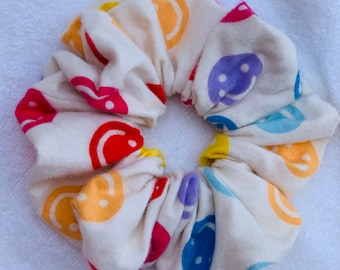 Large Fuzzy Smiley Face Scrunchie/Retro Smiley Face Scrunchie/Retro Scrunchie/Smiley Face Scrunchie