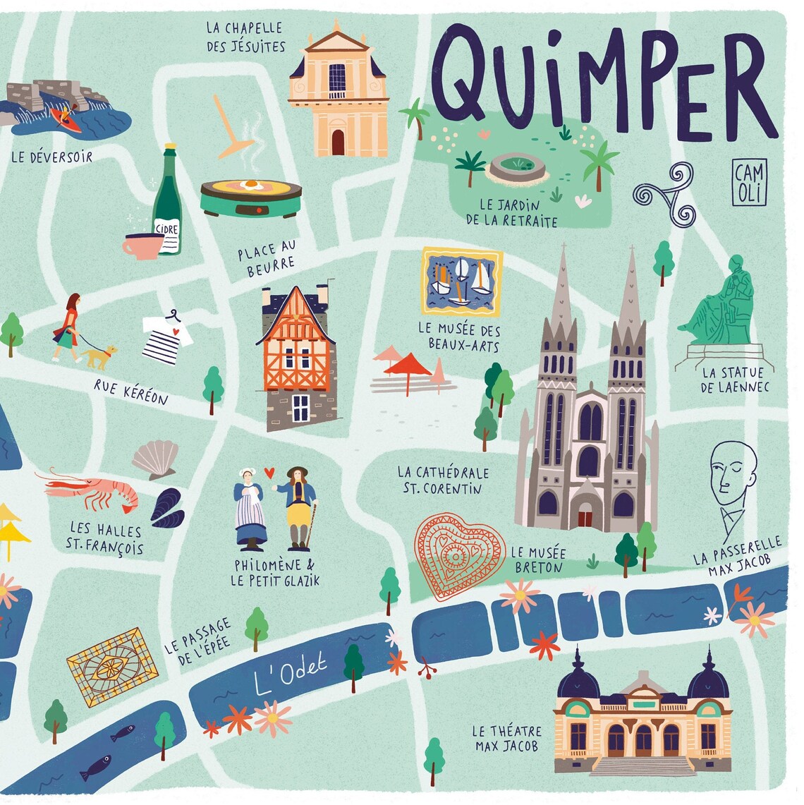 Quimper / Illustrated map / Poster in A5 A4 A3 format Etsy