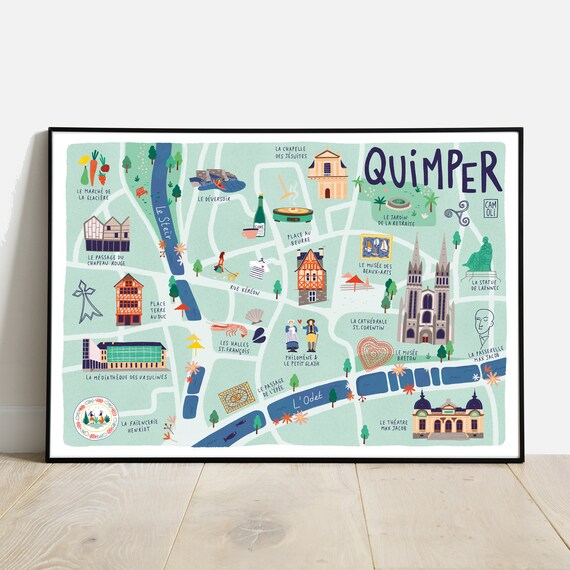 Quimper / Illustrated map / Poster in A5 A4 A3 format Etsy