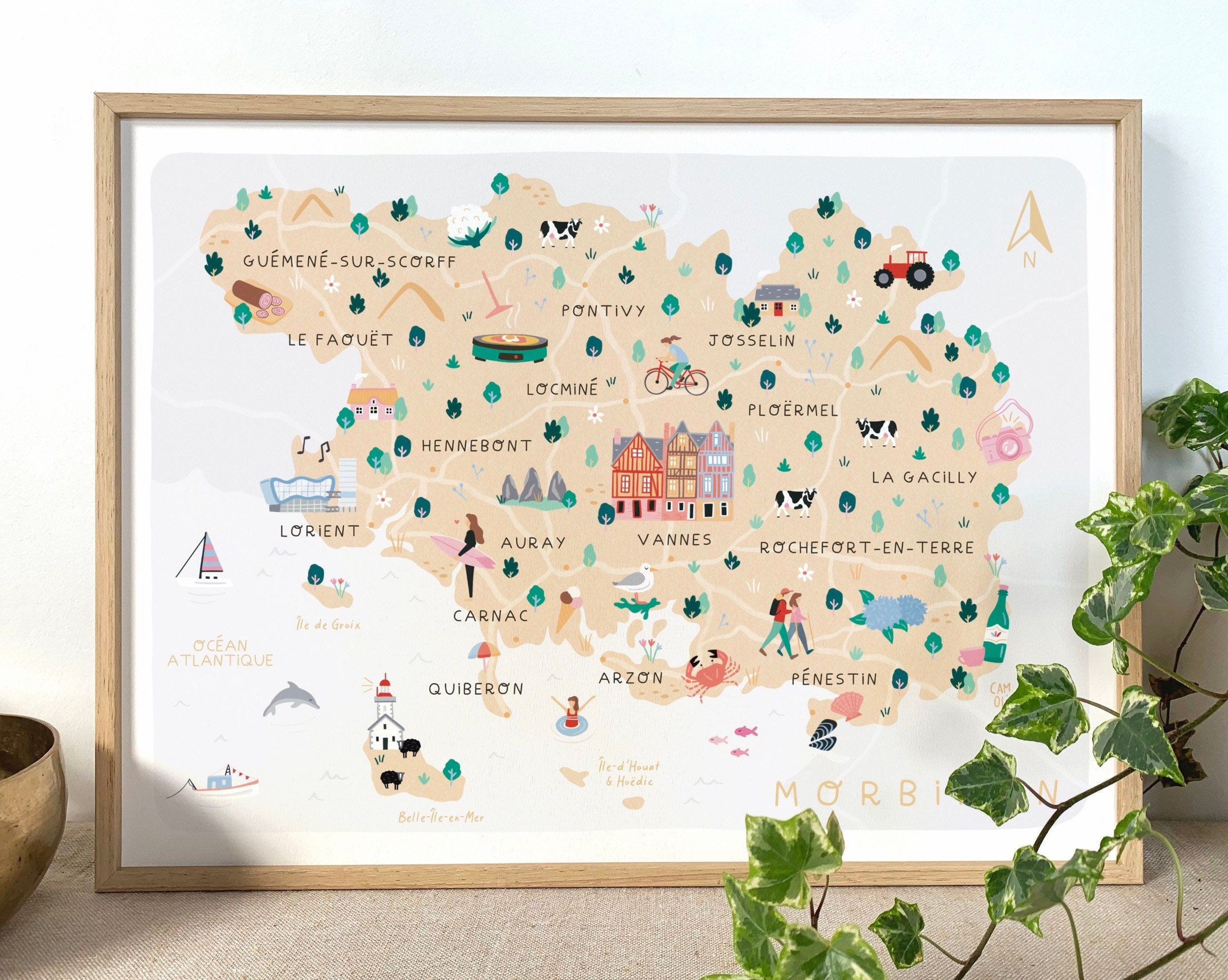 Morbihan - Bretagne/Carte Illustrée Affiche A4, A3