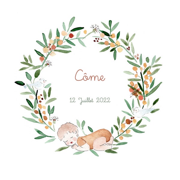 Faire-part de naissance / baptême , Illustration faire part, Faire part aquarelle , Couronne de fleurs et oiseau