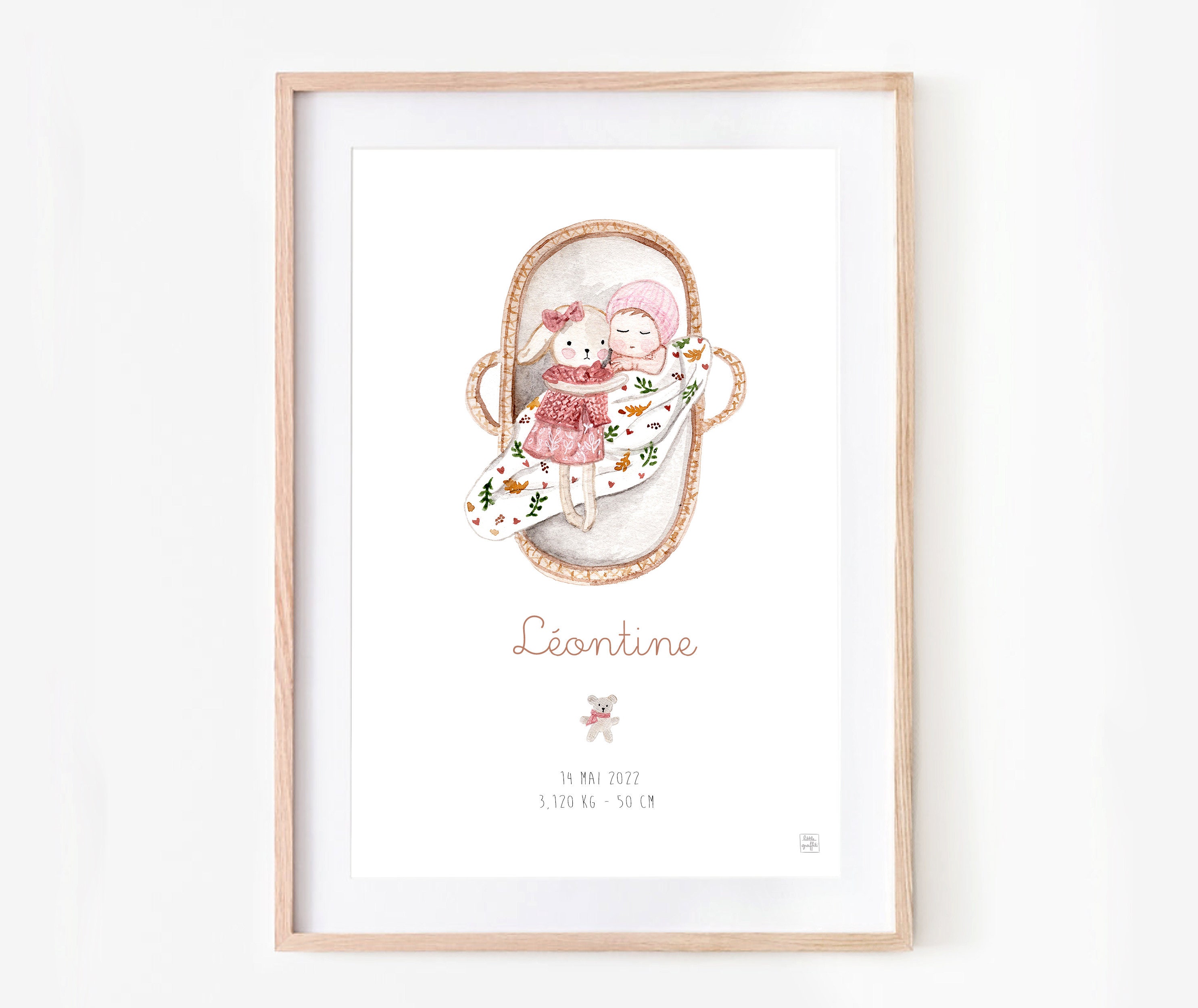 Illustration Naissance Personnalisée , Cadre Bébé, Peinture Aquarelle Cadeau de Personnalisé Berceau