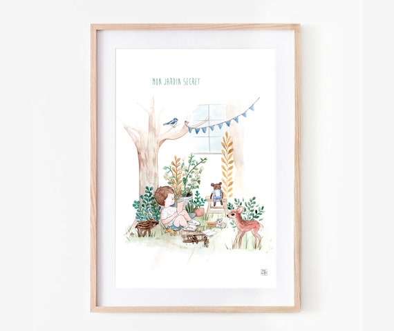 Affiche Enfant, aquarelle animaux jardin, cadeau naissance, décoration murale affiche chambre enfant, poster bébé