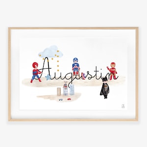 Illustration Vorname des Kindes Superheld, Aquarell, Kinderzimmerdekoration, personalisiertes Poster Superheld