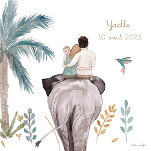 Birth / baptism announcement, Illustration share, Share watercolor , Elephant family , Jungle