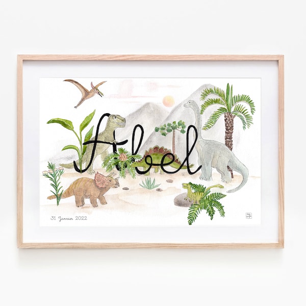 Illustration Prénom bébé personnalisable, peinture aquarelle personnalisable,  Déco chambre enfant , cadeau de naissance, Dinosaures