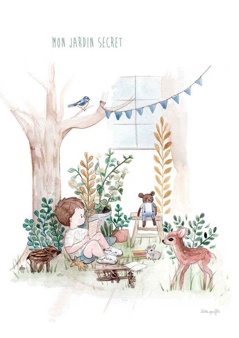 May include: A watercolour illustration of a child sitting in a garden reading a book. The garden is filled with plants, a small tree, and a bluebird. There is a teddy bear sitting on a stool and a fawn standing in the grass. The text "MON JARDIN SECRET" is written at the top of the image.