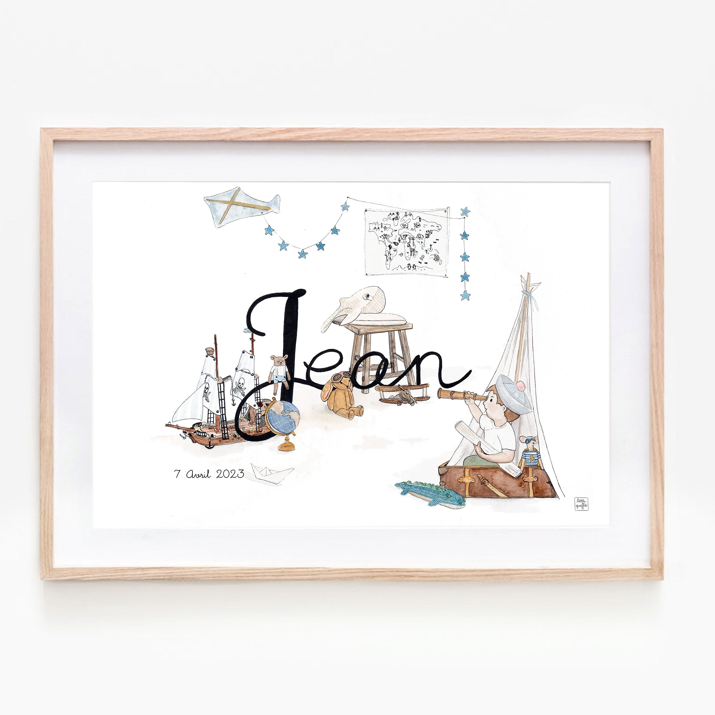 Peinture Aquarelle Personnalisable, Illustration Prénom Enfant, Cadre Déco Chambre Bébé, Pirate, Ave