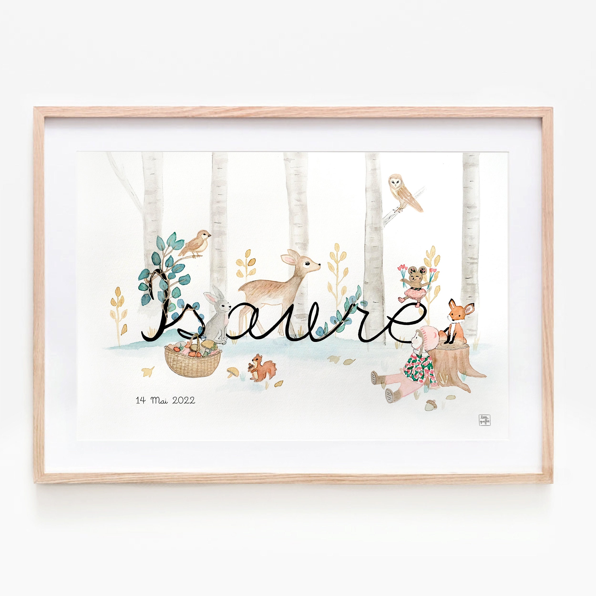 Peinture Aquarelle Personnalisée , Illustration Enfant Prénom Bébé Déco Cadeau de Naissance Animaux 