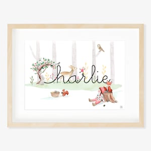 Póster infantil personalizado, cuadro con nombre de bebé, animales del bosque, marco para dormitorio infantil, regalo de nacimiento personalizado