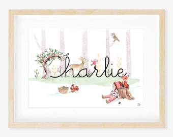 Gepersonaliseerde kinderposter, babynaamfoto, bosdieren, kinderkamerlijst, gepersonaliseerd geboortecadeau