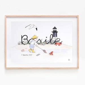 Illustration Anpassbarer Baby-Vorname, anpassbares Aquarell, Kinderzimmerdekoration, Geburtsgeschenk, Meer, Leuchtturm, Strand