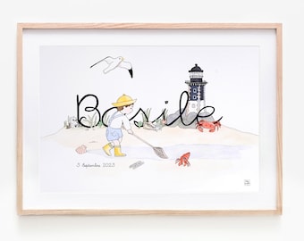 Illustration Prénom bébé personnalisable, peinture aquarelle personnalisable,  Déco chambre enfant , cadeau de naissance, Mer, phare, plage