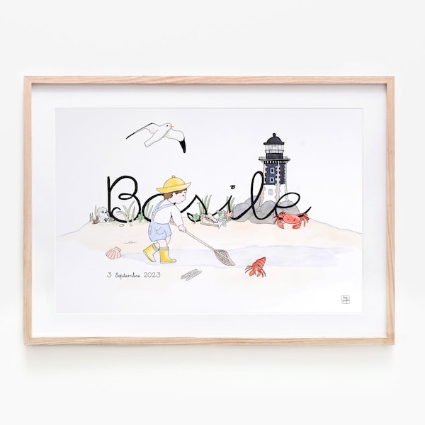 Illustration Prénom bébé personnalisable, peinture aquarelle personnalisable,  Déco chambre enfant , cadeau de naissance, Mer, phare, plage