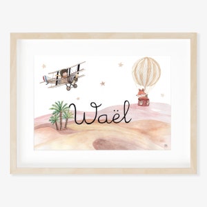 dipinto personalizzato, illustrazione del nome del bambino, decorazione del bambino, regalo di nascita, mongolfiera, aereo, piccolo principe del deserto