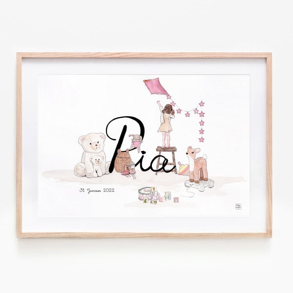 Peinture  Aquarelle personnalisable, illustration prénom enfant, cadeau de naissance prénom ,  déco chambre enfant