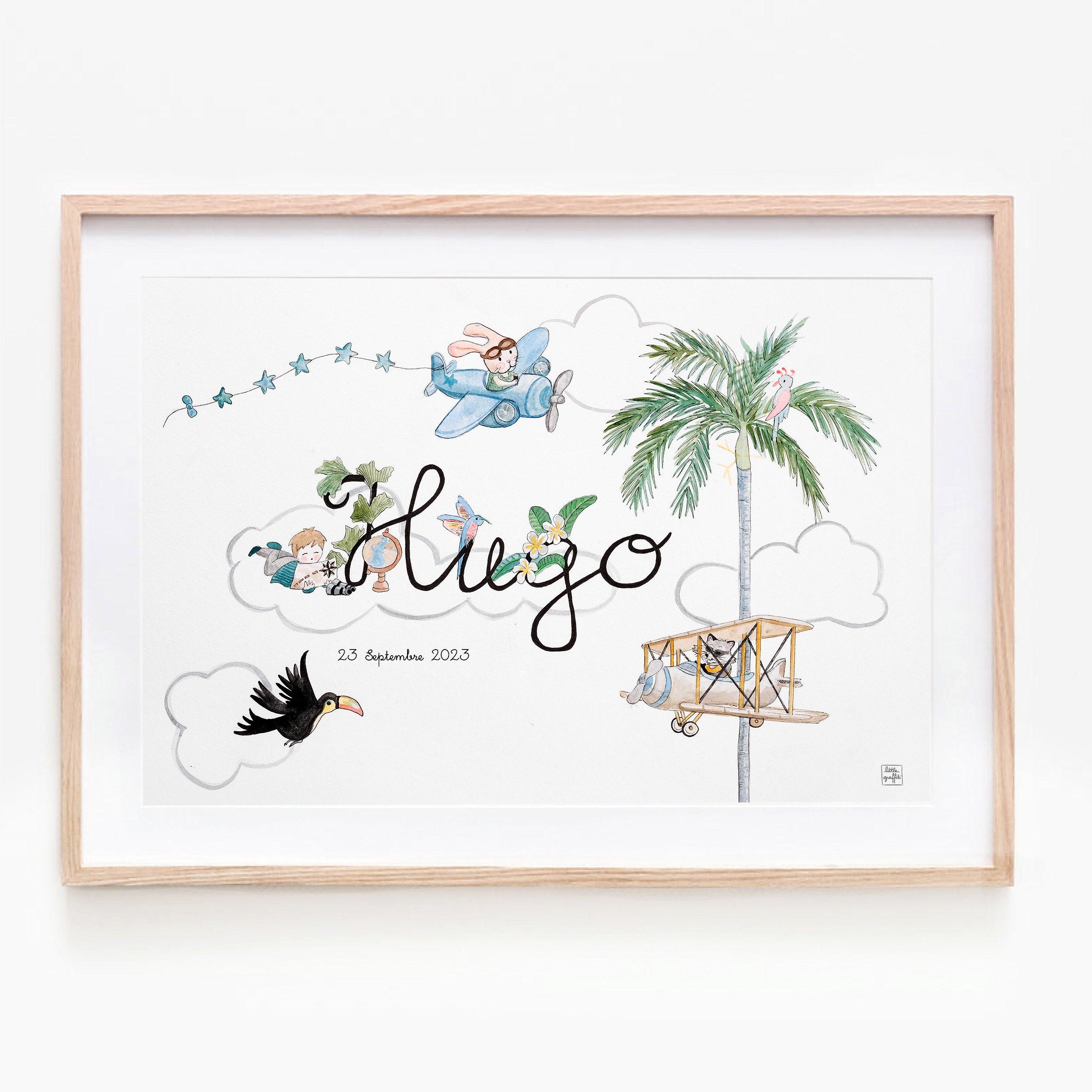 Affiche Enfant - Aquarelle Personnalisable Illustration Prénom Avion Palmier Déco Chambre Bébé Cadea