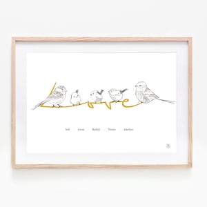 Poster personalizzato Love Birds, Famiglia, da 1 a 4 bambini + 2 genitori, diversi colori disponibili