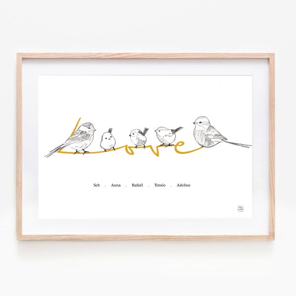 Affiche personnalisée Oiseaux Love , Famille, 1 à 4 enfants + 2 parents , différents coloris disponibles