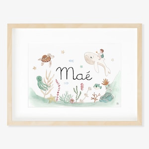 Ilustración personalizable del nombre del bebé, pintura de acuarela, decoración de la habitación del niño, regalo de nacimiento, animales marinos, océano