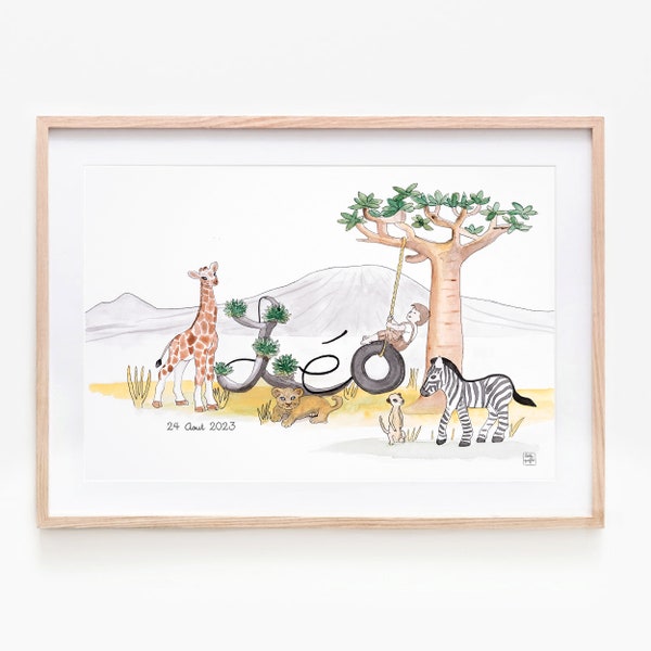 Illustration prénom bébé personnalisable , aquarelle enfant, affiche animaux de la savane, zèbre lion girafe