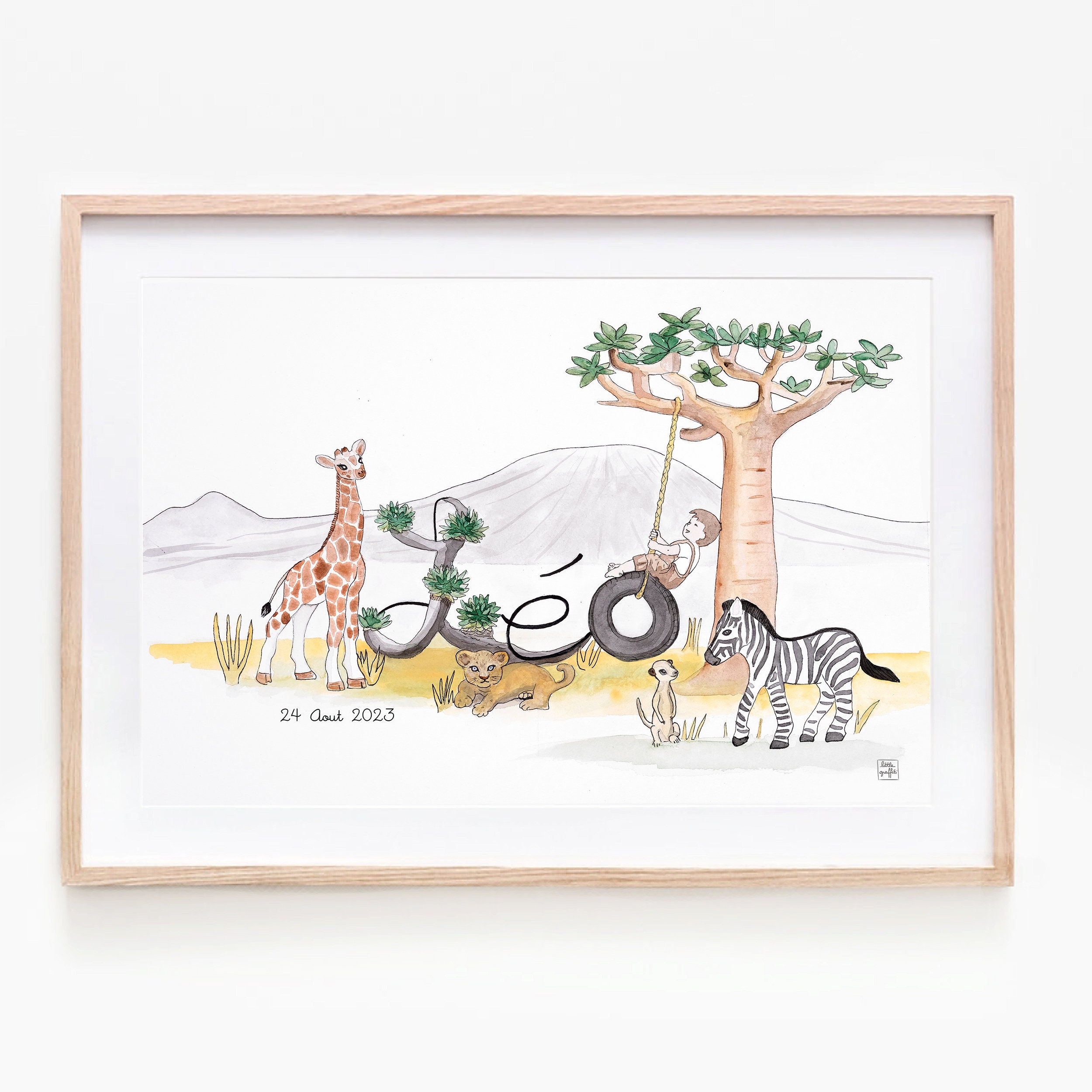 Illustration Prénom Bébé Personnalisable , Aquarelle Enfant, Affiche Animaux de La Savane, Zèbre Lio