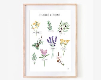 Poster cuisine herbier de provence, affiche déco cuisine, Illustration, peinture aquarelle , plantes, carte cuisine