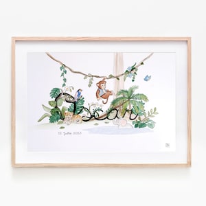 Illustration des Vornamens des Kindes, anpassbares Kinderplakat, Vorname des Dschungelbabys, anpassbares Aquarell, Panther, Elefant, Affe