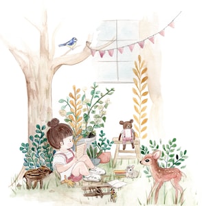 May include: A watercolour illustration of a girl reading a book in a secret garden. The girl is sitting on the ground with a teddy bear, a deer, and a pig. The garden is filled with plants and flowers. The text "MON JARDIN SECRET" is written at the top of the image.