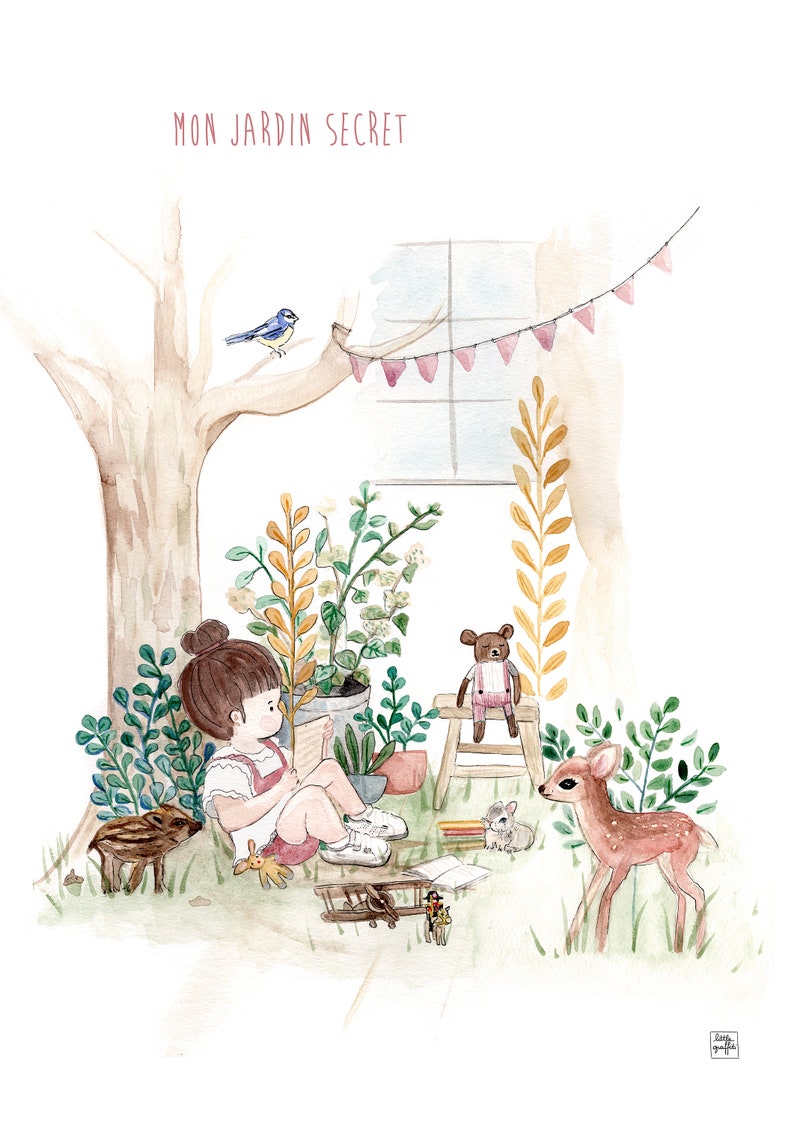 May include: A watercolour illustration of a girl reading a book in a secret garden. The girl is sitting on the ground with a teddy bear, a deer, and a pig. The garden is filled with plants and flowers. The text "MON JARDIN SECRET" is written at the top of the image.