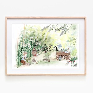 Illustration des Vornamens des Kindes, Kinderplakatrahmen, Aquarell, Garten, Tiere