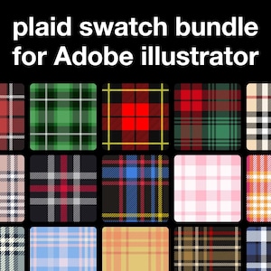 Peut inclure: Un ensemble de 12 motifs à carreaux de différentes couleurs et designs, parfait pour une utilisation dans Adobe Illustrator. Les motifs comprennent le rouge, le vert, le bleu, le rose et le jaune.