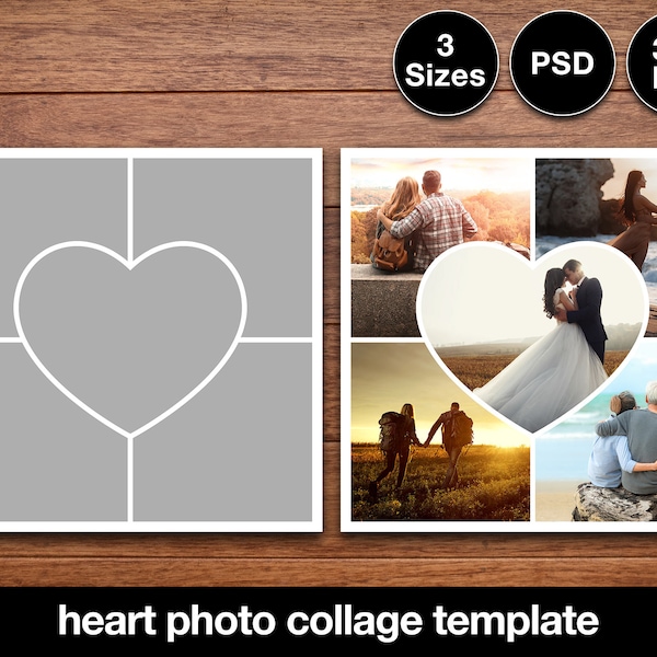 Adobe Photoshop Heart Photo Collage Template | 300dpi, 3 sizes (10x10, 8.5x11, 11x8.5) Photoshop Template Bundle