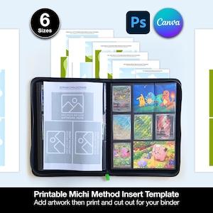 Peut inclure: Un classeur à cartes à fermeture éclair noire contenant diverses cartes de personnages colorées et un modèle d'insertion en papier blanc avec le texte "ADD MICHI METHOD ARTWORK HERE". L'image inclut des icônes Photoshop et Canva, ainsi que le texte "6 Sizes" et "Printable Michi Method Insert Template".