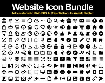 Paquete de iconos para sitios web: incluye 440 iconos esenciales para crear sitios web (SVG, PNG, AI)