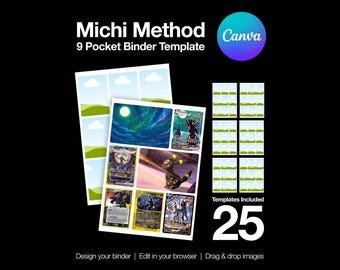 Michi-methode bindmiddelsjabloon, mapsjabloon met 9 vakken, TCG, ruilkaartlay-out (digitale download Canva)