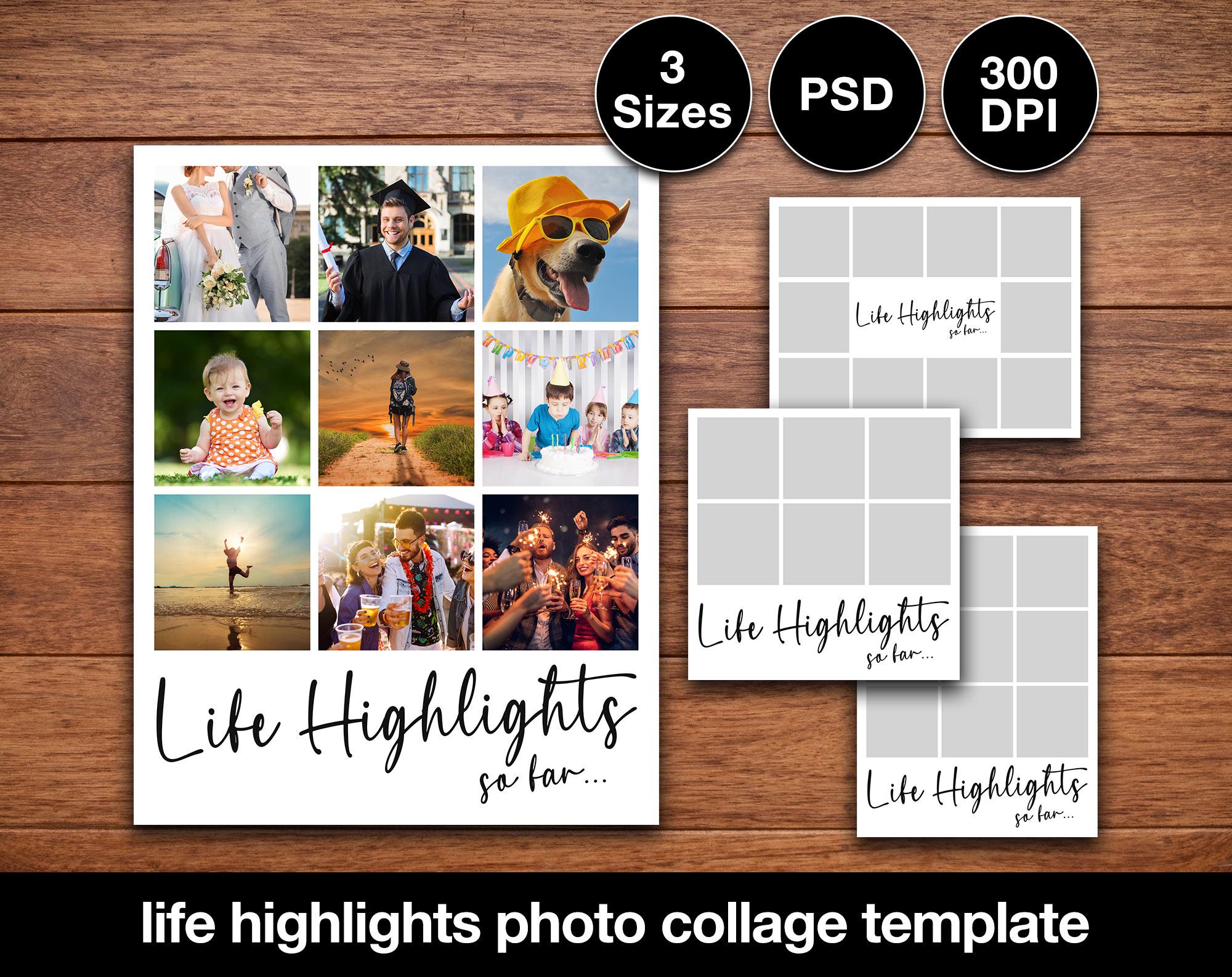 Adobe Photoshop Life Highlights Photo Collage Template | 300dpi, 3 sizes (10x10, 8.5x11, 11x8.5) Photoshop Template Bundle