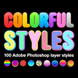 Pode incluir: Estilos coloridos: 100 estilos de camada do Adobe Photoshop. Um círculo arco-íris, roxo, com bolinhas vermelhas, degradê azul, geométrico multicolorido, degradê rosa, degradê azul, degradê laranja e degradê laranja.