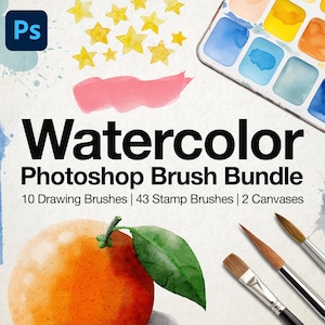 Paquete de pinceles de acuarela para Photoshop / 10 pinceles de dibujo, 43 pinceles de sello, pinceles para Photoshop (archivos ABR y PSD)