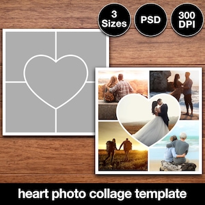 Adobe Photoshop Herz-Fotocollage-Vorlage | 300dpi, 3 Größen (10x10, 8.5x11, 11x8.5) Photoshop Template Bundle
