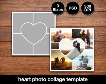 Adobe Photoshop Heart Photo Collage Template | 300dpi, 3 sizes (10x10, 8.5x11, 11x8.5) Photoshop Template Bundle