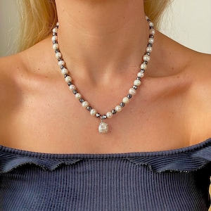 Pearl Stone Necklace, Hematite Necklace, Handmade Necklace, Gemstone Necklace With Baroque Pearl Pendant, Healing Stones, Necklace for Women