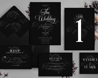 Black Rose Wedding Invitation Suite, Dark Floral Invitations, Editable Invitation, DIY Wedding Invite, RSVP Card, Envelope Liner