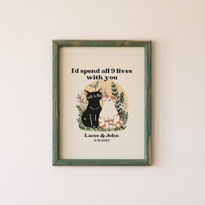 Personalisiertes Paar, individuelle Katzenpaar Illustration, Jahrestag Verlobung Hochzeit Geschenkidee, niedliches Retro Wanddekor, Ungerahmt