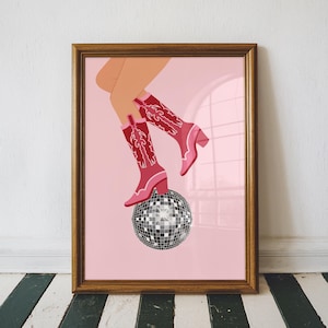 Disco Ball Cowgirl Boots Wall Art, Western Poster Print, Trendy Aesthetic Decor, Apartment Wall Art, Pink Home Decor, Dorm Room Print