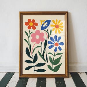 Arte de flores coloridas dibujadas a mano, peonías, decoración colorida para el hogar, arte maximalista, impresión de arte moderno abstracto, pared de galería, baño