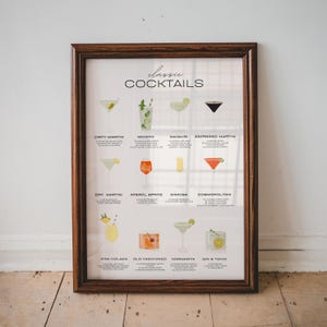 Classic Cocktail Recipes Art Print, Bar Cart Decor, Cocktail Poster, Kitchen Home Decor, Party Wall Print, Trendy Home Decor