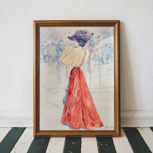 Elegant with a red skirt by Henry Somm, French Fashion Illustration, Vintage Art Print, Unique Wall Art, Antique French Wall Art
